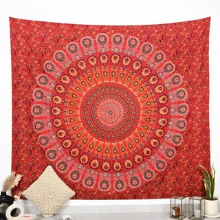 Hippie-Wandbehang, Wandteppich, goldenes Rot, King-Size-Größe, 228,6 x 213,4 cm, Boho-Elefant-Mandala, Wohnheim-Dekoration, Meditation, böhmische Baumwoll-Wandteppiche