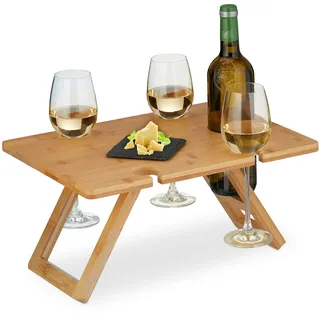 Relaxdays Picknick Weintisch, klappbar, HBT: 20x40x30 cm, Halterung 4 Weingläser & 1 Flasche, Bambus Weintablett, Natur