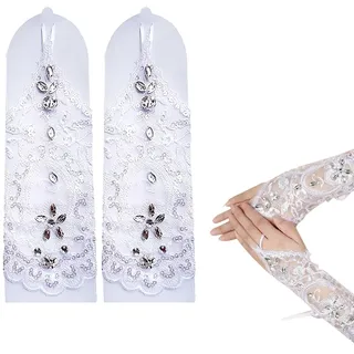 Brautaccessoires, Damen Spitze Handschuhe,Braut-Handschuhe,Elegante fingerlose Brauthandschuhe im Retro-Stil, Weiß, Satin-Spitzen-Handschuhe ohne Finger, Verzierung