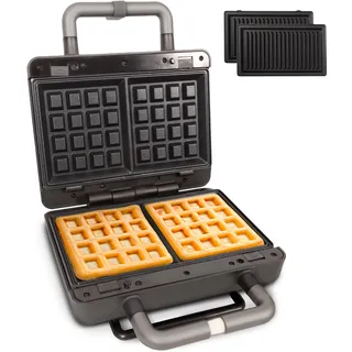 Gadgy 2-in-1 Waffeleisen & Sandwichmaker – Abnehmbare Antihaft-Platten für Waffeln & Grill – Cool-Touch Griff, Kontrollleuchte, vertikale Aufbewahrung – Thermostat – Matt Schwarz/Silber