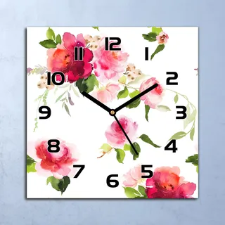 Wanduhr Echt-Glas-Küchenuhr Aquarell Blumen Quarz Lautlos 30x30 Deko Bilder - Rot