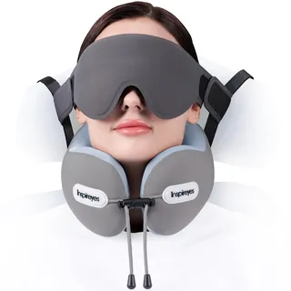 Inspireyes Nackenkissen mit Sitzgurt, Stabiler Halt auf Langstrecken | Flugzeugkissen aus Stützschaum, 3D Schlafmaske, 360° Kopfstütze, Schlafstütze, gegen Kopfnicken, Hellgrau