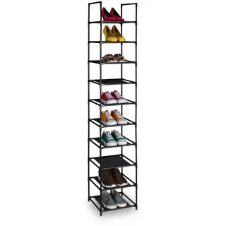 Relaxdays Schuhregal, 10 Ebenen, HBT: 175x33x33 cm, Metall Schuhablage, Stoff Ablage, schmal, Schuhgestell, schwarz/grau,