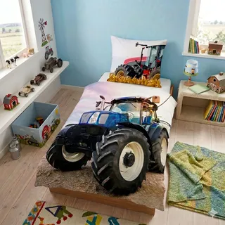 Familando Traktor Bettwäsche Set 2-teillig Decke 135x200 Kissen 80x80 cm - Mähdrescher Wendemotiv -100% Baumwolle mit Reißverschluss - Oeko-Tex Kinderbettwäsche - Atmungsaktiv & Hautfreundlich