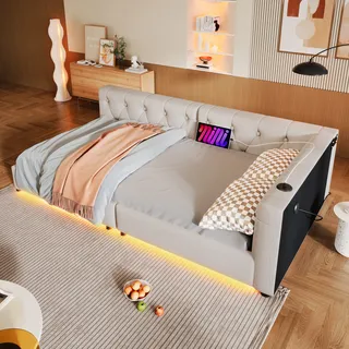 MODFU Schlafsofa, Daybett, 90x200cm Schlafsofa mit Lattenrost,Ambientebeleuchtung mit Fernbedienung, Kopfteil mit Knopftuft, Usb+Typ-c Leinen, Beige,ohne Matratze - Beige
