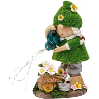 TERESA'S COLLECTIONS Gartenzwerge Gartendeko für Draußen,20cm Wetterfest Figur mit Solarleuchte,Blumenpflücken Gartenfiguren draußen,Gartenwichtel Gartendeko Solar