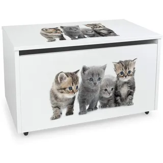 Leomark Spielzeugkiste aus Holzwerkstoff, 91 L, Sitzbank, Rollen, Kätzchen | Maße 71x40x46 cm, Deckel mit Absenkmechanismus, 18 mm Möbelplatte, Metallscharniere, Innenmaß 66x36x38 cm, Selbstmontage