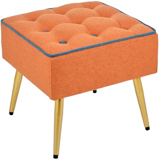 Baroni Home Gepolsterter Hocker aus Stoff, quadratischer Hocker mit Beinen aus Naturholz, Fußstütze, Stuhl, 40x40x35 cm, Orange, Blauer Rand