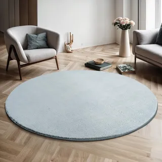 Mia's Teppiche Comfort Moderner Flauschiger Kurzflor Teppich, Anti-Rutsch Unterseite, Waschbar bis 30 Grad, Super Soft, Felloptik, Blau, 200 cm Rund