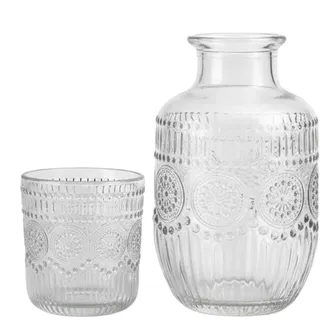 Nachttisch Wasserkaraffe Set, Geprägtes Vintage Elegantes Trinkgeschirr, Wasserkaraffe Inklusive Glass - Schneeflocken Design Krug Für Tee Kaffee Milch Säfte Und Getränke