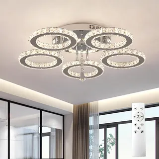 VETRULUS Moderne Kristall-LED-Deckenleuchte – Dimmbare halbflächenbündige Kristall-Lüster für Wohnzimmer – 5-Ring-Deckenleuchte für Schlafzimmer, Küche, LED-Kronleuchter