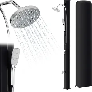 TolleTour Solardusche Gartenduschen mit Handbrauseintegriertem Fußdusche runder Duschkopf inkl. Montagematerial & Abdeckhaube 35 L Schwarz - Schwarz