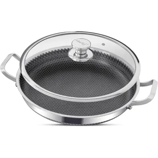 INTIGNIS Bratpfanne mit Deckel – Antihaftbeschichtung | Kratzfest | Extra tief | Frei von Chemikalien | Bratpfanne aus Edelstahl | Hybrid-Pfanne mit Honigwabenmuster (32 CM)