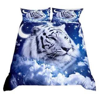 Omgoods – Galaxie-Bettwäsche-Set mit weißem Tiger – Bettbezug in Super-King-Größe mit Sternen- und Mondmuster