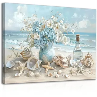 Dazzlewall Gerahmt Ozean Strand Leinwand Wandkunst, Seelandschaft Muscheln Seestern Küste Poster Druck für Badezimmer Wohnzimmer Schlafzimmer Dekor 12x16 zoll
