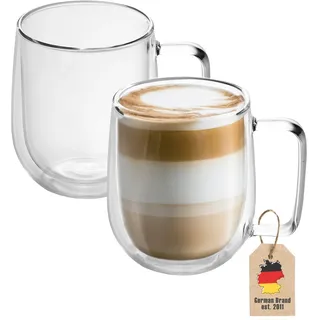 INTIRILIFE 2X Doppelwandige Thermo Gläser Set -150-200ml- Mundgeblasen isoliert für Espresso Cappuccino, Teegläser Kaffeegläser Latte Macchiato Tassen, Schwebeeffekt mit Henkel