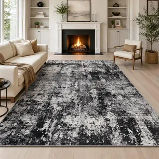 Capslpad Schwarz Abstraktes Teppich Wohnzimmer 160x230cm rutschfest Kurzflor Kunstwolle Schlafzimmer Teppich Waschbar Minimalistisch Bettvorleger Teppiche für Wohnzimmer Schlafzimmer Büro Bereich