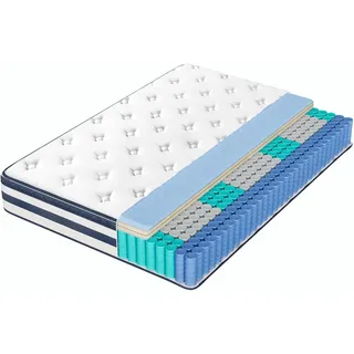 VASAGLE 7-Zonen Taschenfederkernmatratze mit Gel-Memory-Schaum, H3 Mittelfest, 140 x 200 x 25 cm, Blau - Blau