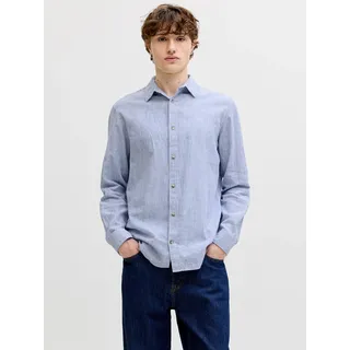 Langarmhemd JACK & JONES "JJESUMMER LINEN BLEND SHIRT L/S SN", Herren, Gr. L, N-Gr, infinity stripes:stripes, Web, Obermaterial: 70% Baumwolle, 30% Leinen, gestreift, normal normal, Hemden Langarmhemd, Baumwollmischung, regular fit