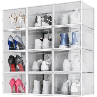 Meerveil Schuhboxen Stapelbar Transparente, 12er Set, Schuhaufbewahrung Box, kunststoffboxen, Schuhregal, Schuhorganizer, Faltbare Schuhkarton, Einfach Zu Montieren, Platzsparend, weiß