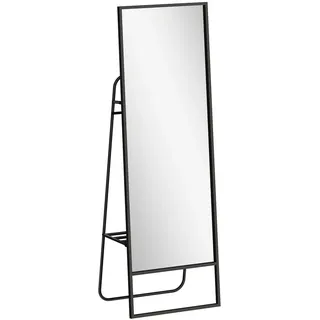 Homcom Ganzkörperspiegel 157 x 50 cm Rechteckig Standspiegel mit Regal, 2 Haken Schwarz , Metall , 38x157x50 cm , Spiegel, Standspiegel