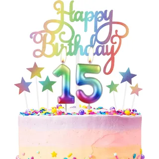 Geburtstagskerze mit der Zahl 15 in Regenbogenfarben, Metallic-Regenbogen-Geburtstagskerzen, Kuchendekoration, Happy 15th Birthday, bunte Kuchenkerzen, Kuchendekoration für Mädchen und Jungen