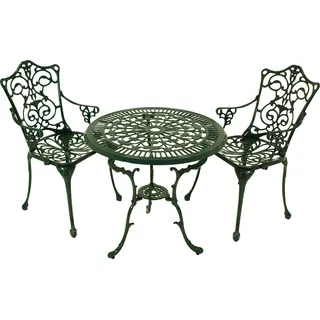 DEGAMO Gartenset Sitzgruppe Bistroset Jugendstil 3-teilig, Nostalgie Look, 2x Sessel mit Armlehne und 1x Tisch rund 70cm, Aluguss dunkelgrün, wetterfest - Grün