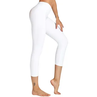 COOLOMG Damen Yoga Capris 34 Hosen Kompression Leggings Sport Trainingshose, S, Weiß (3/4 Hose)