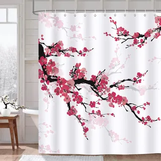 Bonhause Duschvorhang Kirschblüten Japanisch Rote Blumen Duschvorhänge 180 x 180 cm Anti-Schimmel Wasserdicht Polyester Stoff Waschbar Bad Vorhäng für Badzimmer mit 12 Haken