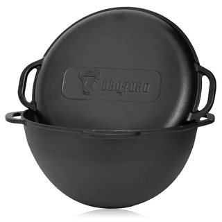 BBQ-Toro Gusseisen Kazan mit Deckel | 19 Liter | Traditioneller Gusstopf | Kasan mit rundem Boden | Grillwok preseasoned-bereits eingebrannt | Schmortopf zum Kochen, Schmoren, Braten, Frittieren