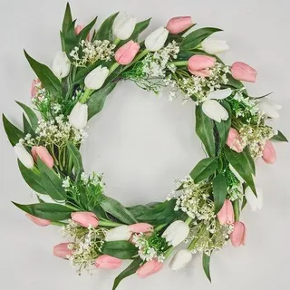 Unyqoos® Türkranz mit realistischen Seiden-Tulpen (rosa & creme), Eukalyptus & Schleierkraut – pflegeleichte Fronttür- & Wanddekoration mit Jute-Aufhängung