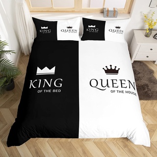 Loussiesd Krone Queen und King Betten Set His und Hers Matching Paar Bettwäsche Set 135x200cm Liebhaber Romantic Bettbezug Set Schwarz Weiß Zimmer Dekor