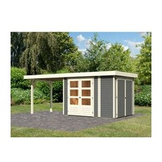 Karibu Gartenhaus Set Retola 2 Terragrau Schrank Anbaudach 280 cm Breit 6,05 m2