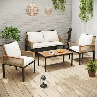 Merax 4-tlg. Garten-Lounge-Set mit Stahlrahmen und Couchtisch, Rope Gartenmöbel Set aus Akazienholz und Polyrattan, Beige - Beige