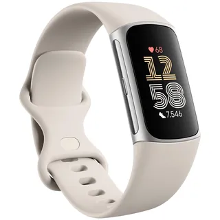 Fitbit Charge 6 BT 28,6 mm Aluminiumgehäuse silber Silikonarmband beige L