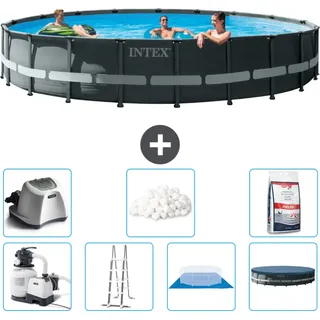Intex Round Ultra XTR Frame Swimming Pool – 610 x 122 cm – inklusive Pumpe – Leiter – Bodenplane – Abdeckung Salzwassersystem - Filterbälle - Poolsalz