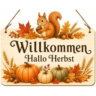 Herbstdeko Tür Schild Mit Herbst Dekoration Für Haustür | Holzschild 21,5 x 15 cm mit Kordel, herbstdeko outdoor für Haustür, Wand und deko herbst