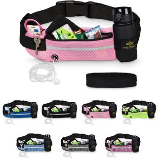 Lucky Humans Laufgürtel Sport, Joggen & Laufen mit Handy-Tasche Rosa - Damen, Frauen & Mädchen Bauchtasche mit Flaschen & Handy-Halterung - Trinkgürtel Running & Walking Belt - Jogging & Lauf Zubehör