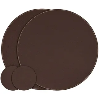 Nikalaz Rund Platzsets und Untersetzer aus Recyceltem Leder, 2 Stück Tischsets, Platzdeckchen 33 cm und Untersetzer 10cm (BRAUN)