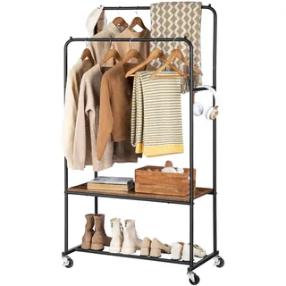 HOOBRO Kleiderständer auf Rollen, Schwerlast Kleiderstange, Garderobenständer mit 2 Kleiderstangen und Ablage, bis 100 kg Belastbarkeit, für Schlafzimmer, Flur, Dunkelbraun-Schwarz EBF22LY01