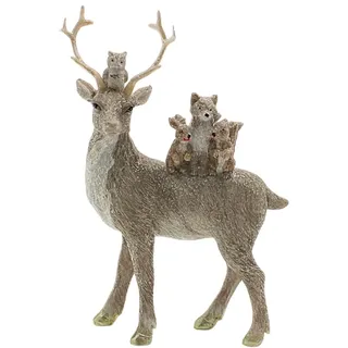 Dekohelden24 Hirschdeko, Deko-Rentier, Deko-Hirsch, Hirsch mit Geweih und auf ihm sitzenden Fuchs, Eule und Eichhörnchen aus Keramik in grau, Größe L/B/H ca. 15 x 6 x 19 cm.