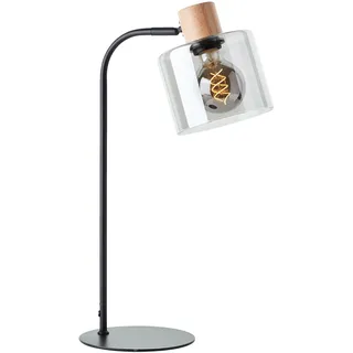 Lightbox moderne Tischlampe - 50 x 18 x 27 cm - Tischleuchte mit rauchfarbenen Glas Schirm & Fassung aus Holz & Schalter - E27 - Metall/Glas/Holz aus Kautschukbaum - in Schwarz/Rauchglas/Braun
