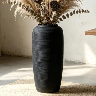 JIDOFUE Schwarz Große Rustikale Keramik Bodenvase, 40cm, Vintage Boho Vase für Heimdekoration, Texturierte Terrakotta Vase für Wohnzimmer, Regal oder Eingangsbereich