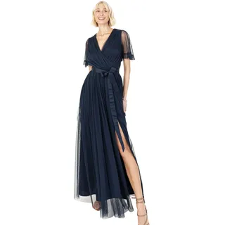 Anaya with Love Damen Ladies Maxi Dress Women V Neckline Short Sleeve Frilly Long Empire Waist for Wedding Guest Bridesmaid Maid of Honour Kleid, Navy, 54