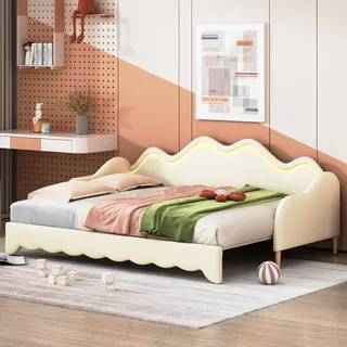 Merax Tagesbett 90x190/180x190cm Ausziehbett mit LED,Erweiterbares Schlafsofa mit Lattenrost und Armlehnen, Kunstleder Polsterbett Kinderbett Sofabett - Beige