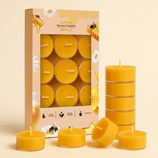 Ashlux Bienenwachs Teelichter - 30 Stück Bienenwachskerzen aus 100% reinem Naturwachs, 4 Stunden Brenndauer, gelbe Kerzen in klaren Acrylbechern für Weihnachten, Hochzeit, Party und Zuhause