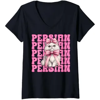 Damen Perserkatze Mädchen Katze Mama Rosa Kokette Schleife T-Shirt mit V-Ausschnitt