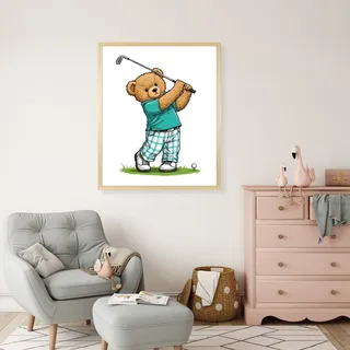 Bild mit Rahmen QUEENCE "Teddy Bär auf Golfplatz", gold (farbe rahmen: beige, farbe bild(er): türkis), B:30cm H:40cm T:1,5cm, Acrylglas, Holzrahmen, Bilder, Bild mit Rahmen, HD Premium Poster-Druck inkl. Echtholzrahmen in beige