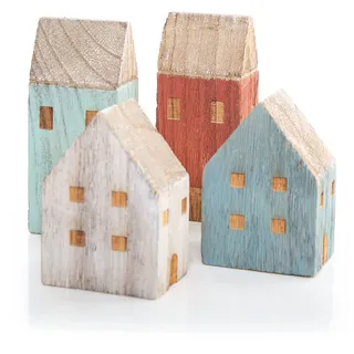 Maritime Deko-Häuser, 4 Stück: Mini Hafen-Häuschen Holz, Sommer, Meer, Strand & Urlaub, Dekoration Regal, Bad & Wohnzimmer, Maritimdeko Innen, Baddeko Maritim, Holzdeko Strandhaus Klein, ‎9 - 13 cm