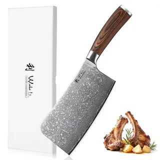 Wakoli EDIB Sakura Knochenhackmesser 18 cm Damast Hackbeil aus 67 Lagen & VG10 Kern, 60–62 HRC Scharfes Küchenbeil aus Damaststahl Pakkaholzgriff I Fleisch, Knochen & feste Lebensmittel Geschenkbox